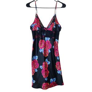 Vtg Victoria's Black Lace Pink Floral Dark Romantic Slip Dress Medium Whimsygoth